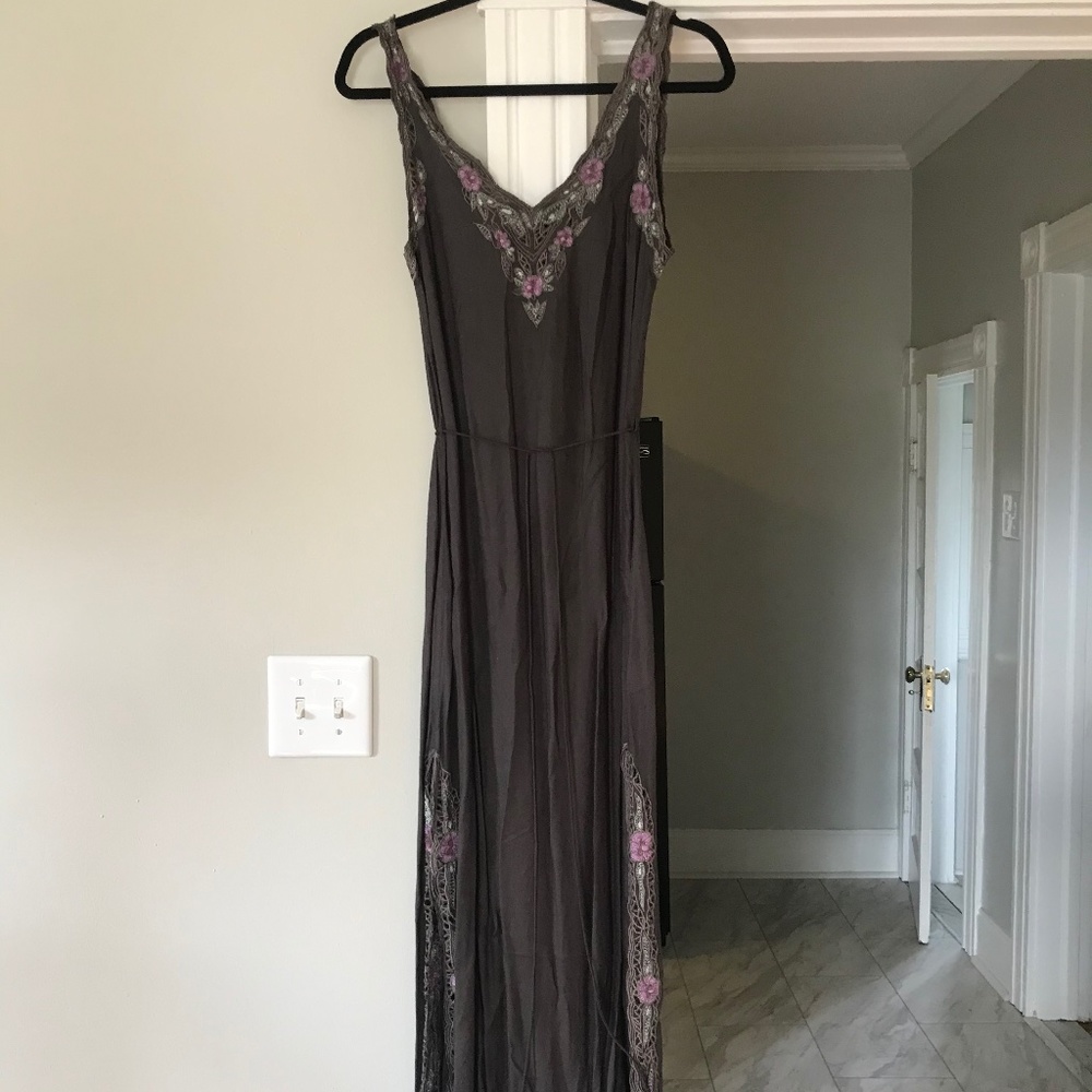 Charcoal Maxi Dress w/ Floral Embroidery